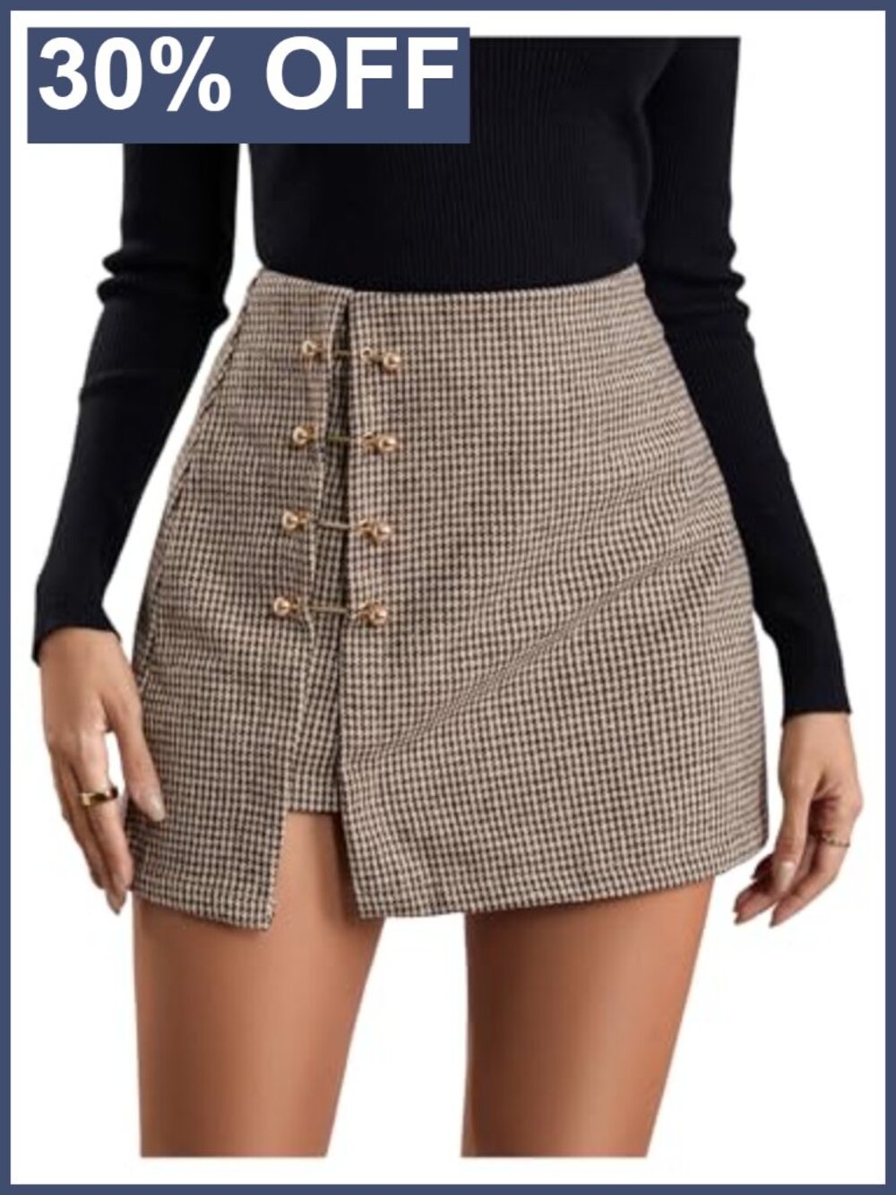 Metallic Trim Faux Leather High Waisted Side Slit Short A-Line Skirt